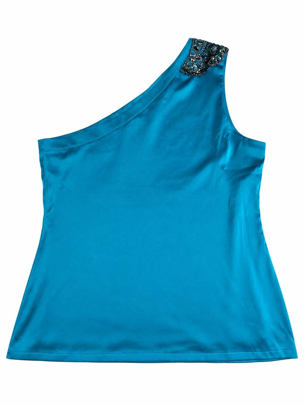 Shape FX Teal Blue One-Shoulder Satin Top with Beaded Embellishment